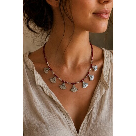 Collier Shat Shat Touareg � Argent 925 & Perles Rouges Fait Main