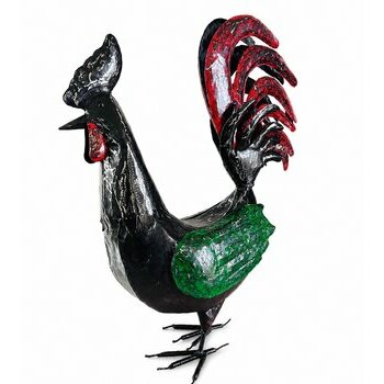 Grand Coq Métal Recyclé Fait Main – Sculpture Artisanale Madagascar, Déco Rustique Colorée sculpture-coq-rouge-noir-vert-metal-recycle-artisanat-madagascar