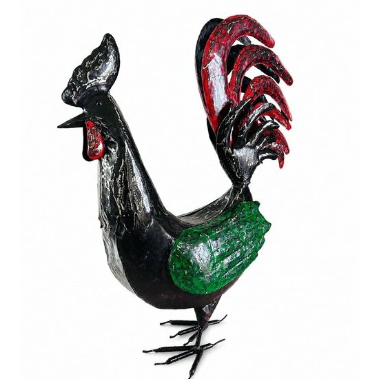 Grand Coq Métal Recyclé Fait Main – Sculpture Artisanale Madagascar, Déco Rustique Colorée sculpture-coq-rouge-noir-vert-metal-recycle-artisanat-madagascar