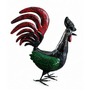 Grand Coq Métal Recyclé Fait Main – Sculpture Artisanale Madagascar, Déco Rustique Colorée coq-decoratif-metal-recycle-queue-eventail-rouge-fait-main