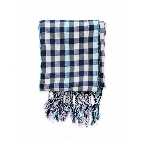 Krama Cambodgien Coton Tissé Main – Foulard Carreaux Marine Lavande, Écharpe Ethnique Multiusage krama-cambodge-coton-pur-motif-carreaux-franges-tissees-artisanal