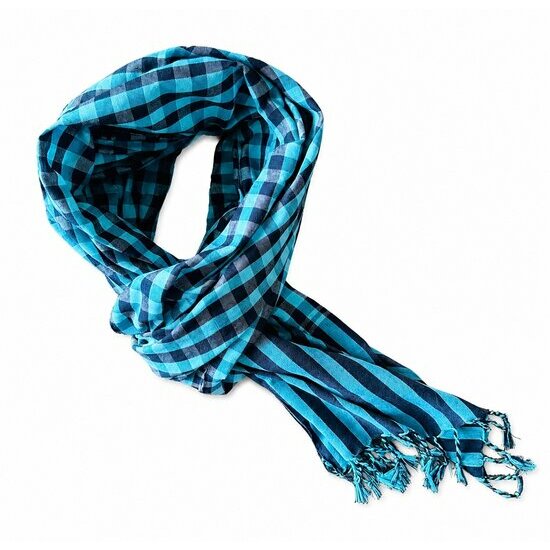 Krama Cambodge Bleu Turquoise et Marine 175 x 95 cm – Écharpe Artisanale en Coton Foulard Krama Tissé Main Bleu Noir – Accessoire Nomade Unisexe