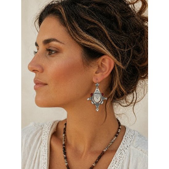 Boucles d'Oreilles Touareg Argent 925 � Bijou Nomade Fait Main Perles Rouges