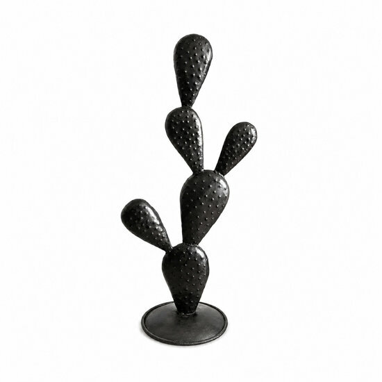Grand cactus en métal recyclé noir – Sculpture artisanale 90 cm Sculpture cactus en métal recyclé noir faite main – Vue de face