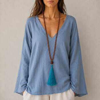 Mala Rudraksha Port� � Collier Long de M�ditation avec Pompon Bleu