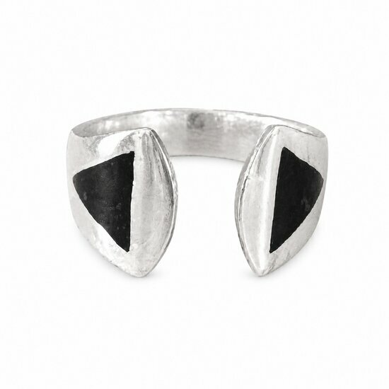 Bague Argent 925 & Ébène – Anneau Géométrique Réglable Fait Main Bague Argent 925 Femme Réglable – Bague Géométrique Noire et Argent