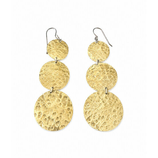 Boucles d'Oreilles Dorées Martelées – Pendants Artisanaux en Laiton Boucles Pendantes en Laiton Martelé – Trois Disques Dorés Faits Main