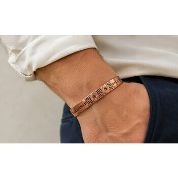 Bracelet Cuivre Massif Gravé Main – Jonc Réglable Homme Femme