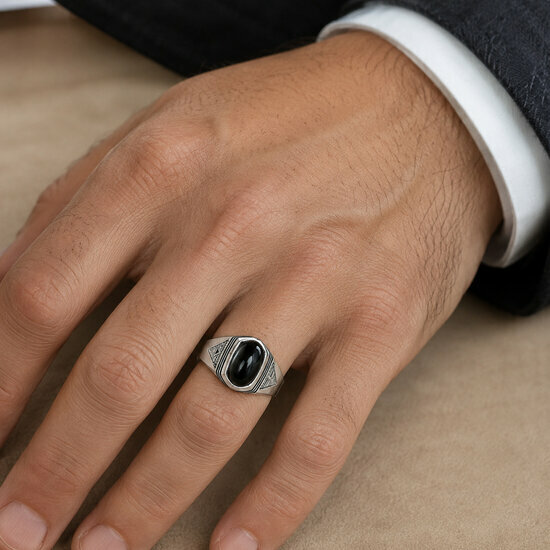 Bague Onyx Homme Argent 925 Port�e � Bague R�glable Pierre Noire