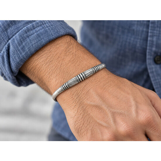 Bracelet Noir & Argent – Jonc Fin Graphique Réglable Fait Main Bracelet Argent 925 Homme Femme Porté – Jonc Noir et Argent Fin