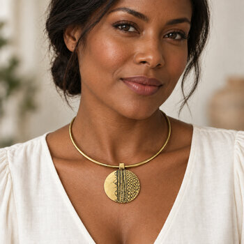 Collier Ras du Cou Femme Port� � Pendentif Rond Dor� en Laiton