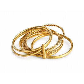 Bague semainier en laiton – 7 anneaux lisses et torsadés Bague 7 anneaux en laiton – Vue des anneaux déployés et de la barrette