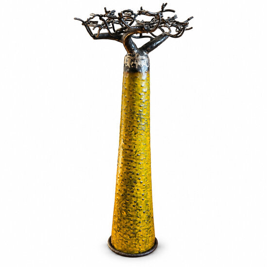 Baobab jaune en métal recyclé – Sculpture à poser 60 cm Sculpture baobab faite main 60 cm – Tronc jaune et branches en métal