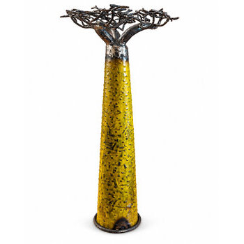 Baobab jaune en métal recyclé – Sculpture à poser 60 cm Arbre décoratif en métal recyclé – Vue arrière du baobab jaune