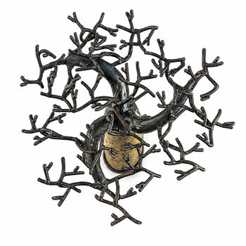 Baobab jaune en métal recyclé – Sculpture à poser 60 cm Baobab artisanal en métal recyclé – Détail des branches vu du dessus