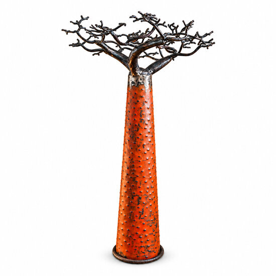 Baobab orange en métal recyclé – Arbre décoratif fait main 60 cm Arbre baobab fait main 60 cm – Tronc orange texturé et branches sombres