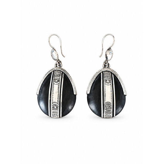 Boucles d'oreilles ovales ébène et argent 925 – Touareg, 6 cm Boucles touareg faites main – Ébène massif et argent 925 gravé