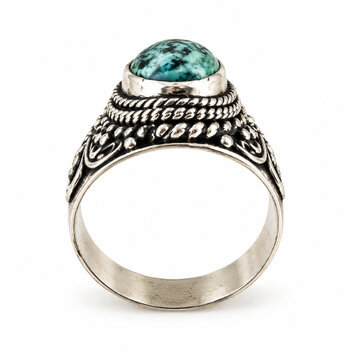 Bague large turquoise véritable et argent 925 – Faite main Bague large en argent ouvragé avec pierre turquoise ovale