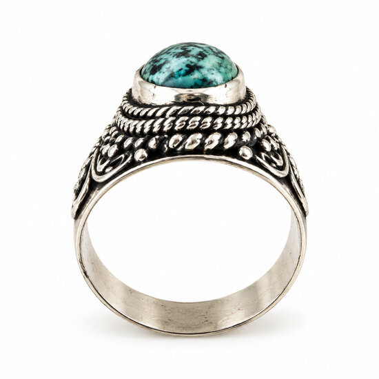 Bague large turquoise véritable et argent 925 – Faite main Bague large en argent ouvragé avec pierre turquoise ovale