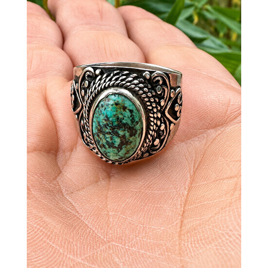 Bague large turquoise véritable et argent 925 – Faite main Bague artisanale turquoise verte et argent 925 taille 66