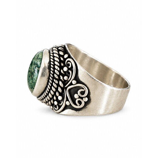 Bague large turquoise véritable et argent 925 – Faite main Bague argent massif et turquoise véritable, détails des volutes