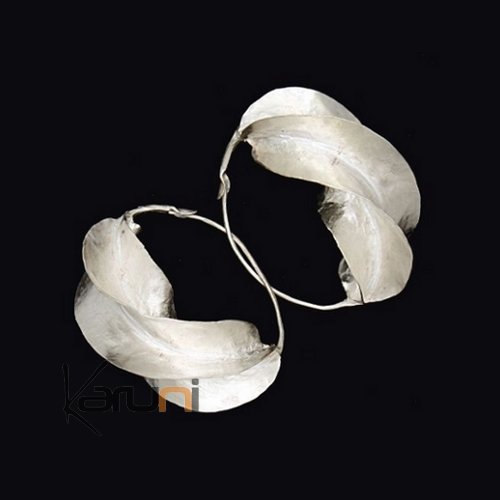 Boucles d'Oreilles Créoles Peul Fulani Mali 09P bain argent 3 cm Feuille KARUNI