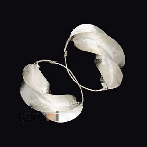 Boucles d'Oreilles Créoles Peul Fulani Mali 10PT bain argent 4 cm Feuille KARUNI