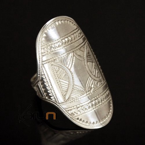 Bijoux Touareg Ethniques Bague en Argent Navette Gravée 09