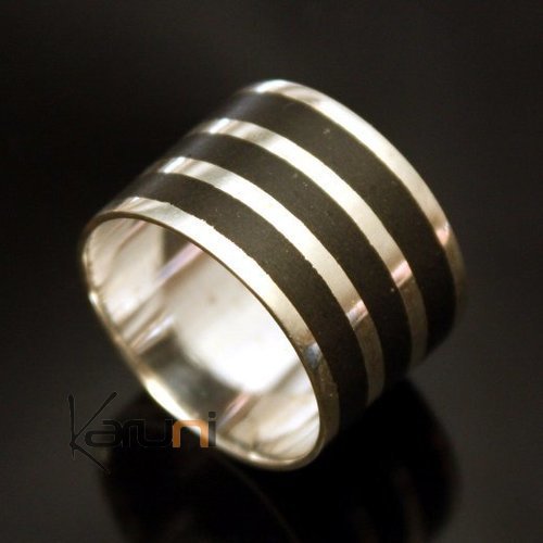 en Argent Bague Anneau alliance homme/femme ébène 3 lignes larges inspiration Karuni