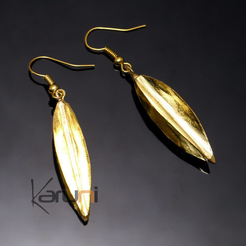 Bijoux Ethniques Africains Boucles d'Oreilles Peul Fulani Mali 33S Bronze Dor Feuille