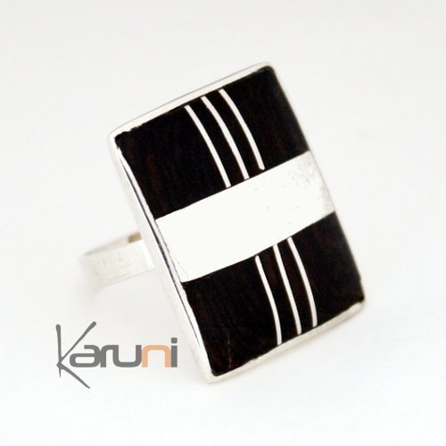 Bague touareg argent ébène rectangle bande large et lignes