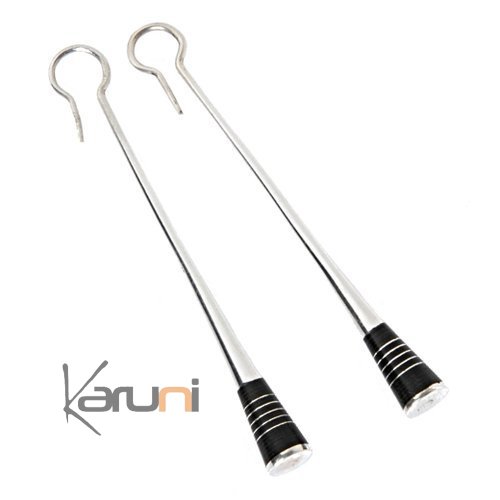 Boucles d'Oreilles Massues Touareg en Argent et Ebène  Lignes Simples 01