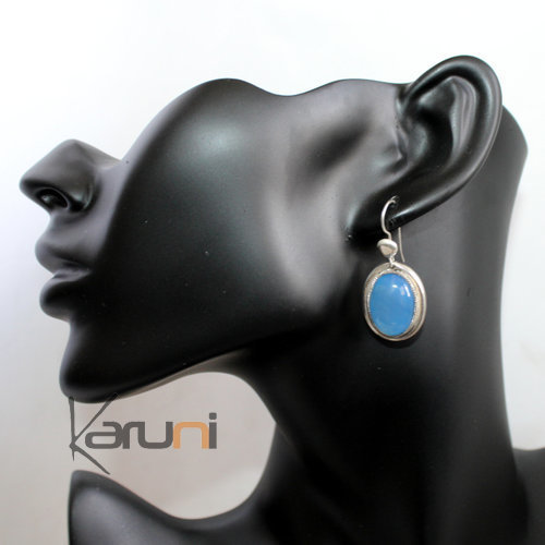 Boucles d'Oreilles Touareg Ovales en Argent et Pierre Agate Bleu 04