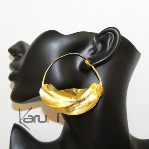 Boucles d'Oreilles Peul du Mali Créole Feuille Bronze Doré 7 cm 15