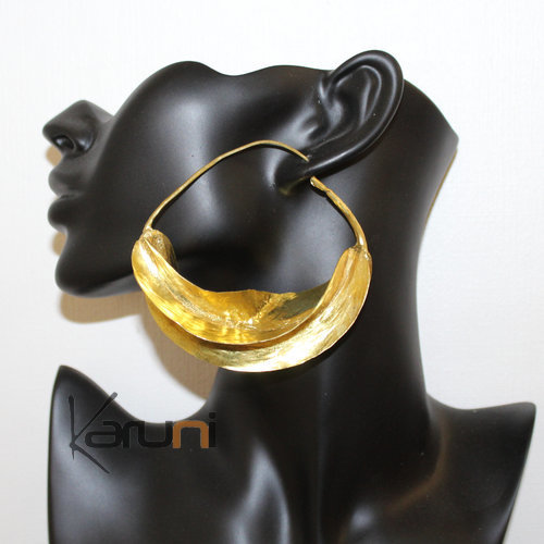 Boucles d'Oreilles Peul du Mali Créole Feuille Bronze Doré 9 cm 16 Boucles d'Oreilles Peul du Mali Créole Feuille Bronze Doré 9 cm 16