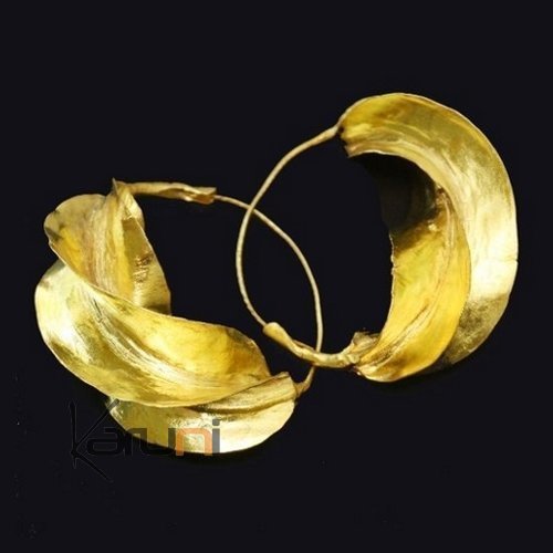 Boucles d'Oreilles Peul du Mali Créole Feuille Bronze Doré 9 cm 16