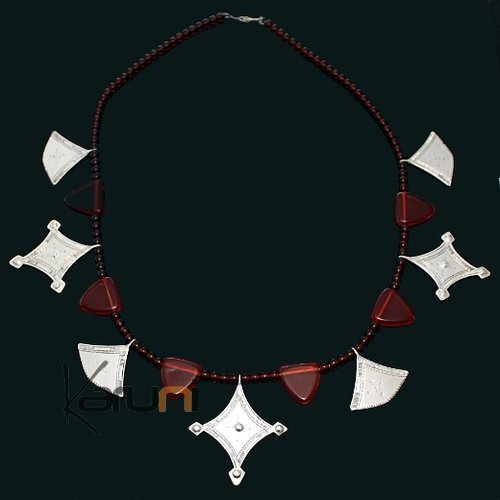 Bijoux Ethniques Touareg Collier en argent shat-shat verre rouge modèle ancien traditionnel b