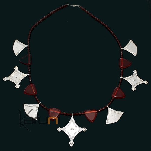 Collier Touareg Shat-Shat Verre Rouge Modèle Traditionnel en Argent 22