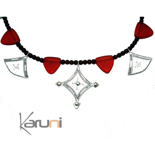 Collier Touareg Shat-Shat Verre Rouge Modèle Traditionnel en Argent 22