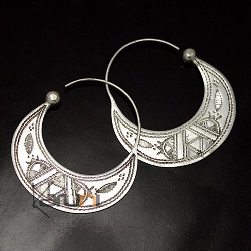 Boucles d'Oreilles Touareg Créoles Plates Gravées en Argent 4 cm 24