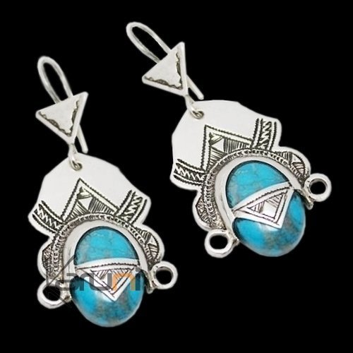 Bijoux Touareg Ethniques Boucles d'Oreilles en Argent et Pierre 12 Tte de Desse du Dsert Turquoise