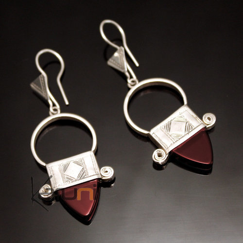 Boucles d'Oreilles Touareg Croix du Sud d'Ingall en Argent et Pierre Rouge 38