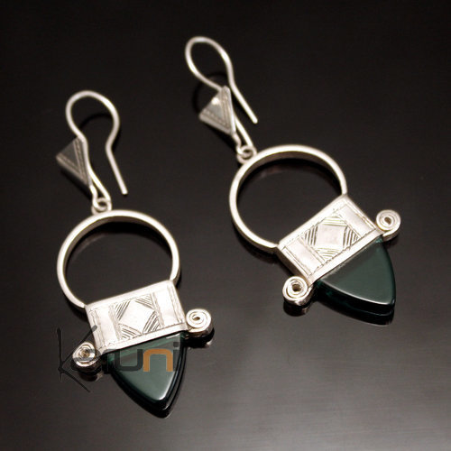 Bijoux Touareg Ethniques Boucles d'Oreilles en Argent et Pierre 07 Croix du Sud d'Ingall Niger Vert