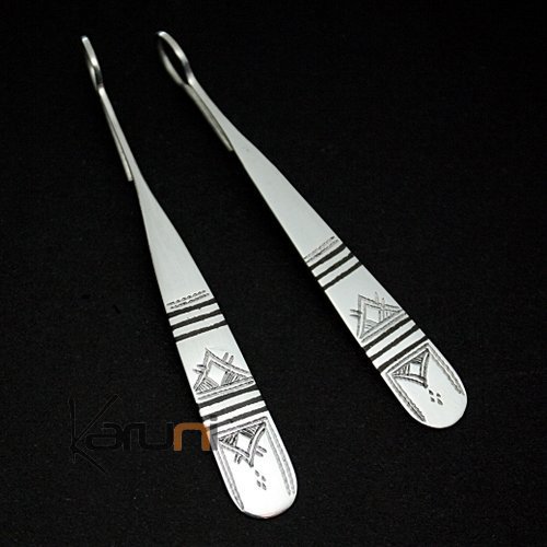 Bijoux Touareg Ethniques Boucles d'Oreilles en Argent et Ebne Massues 16 Plates Graves
