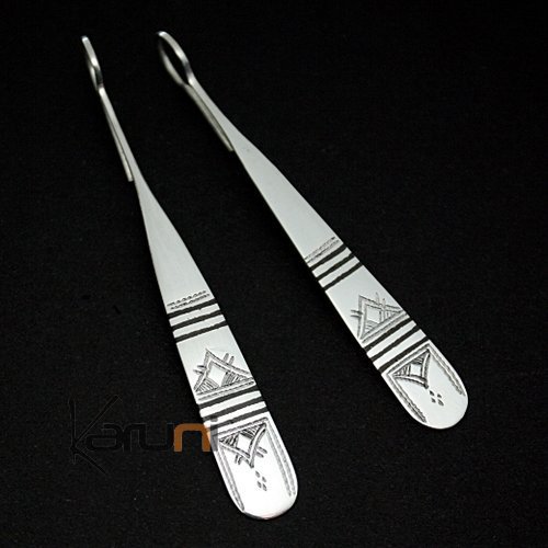 Boucles d'Oreilles Touareg Pendantes Massues Plates Gravées en Argent et Ebène 42