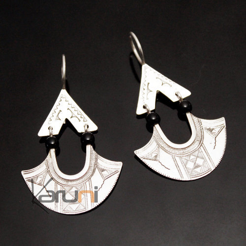 Bijoux Touareg Ethniques Boucles d'oreilles en Argent 80 Feuille Longues Pendants Perles Noires