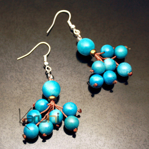 Tagua and Co Boucles d'Oreilles Graines Ivoire Végétale Grappes Petites Boules Ibarra Bleu Turquoise Bijoux Design Créateur