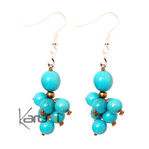 Tagua and Co Boucles d'Oreilles Graines Ivoire Végétale Grappes Petites Boules Ibarra Bleu Turquoise Bijoux Design Créateur