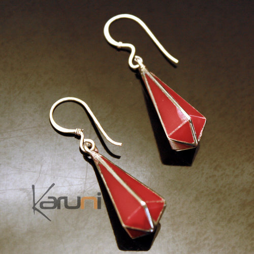 Boucles d'oreilles en Argent 925 90 Goutte Cloisonnée Racine de Corail Cône  Tibet