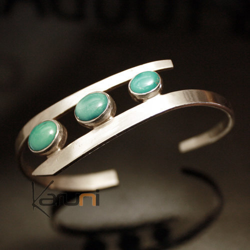 Bijoux Ethniques Indiens Bracelet en Argent Massif 925 Nepal 06C Jonc 3 Pierres Turquoise Bleue Newar